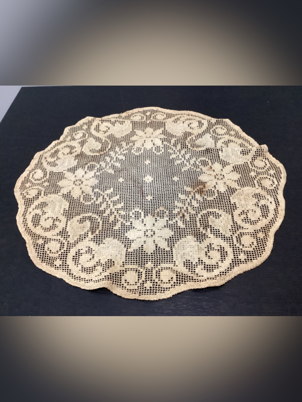Antique Filet Lace (filet crochet) textile lace table topper, doily or boudoir